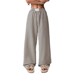 Striped Elastic Waist Straight Leg Casual Long Pants