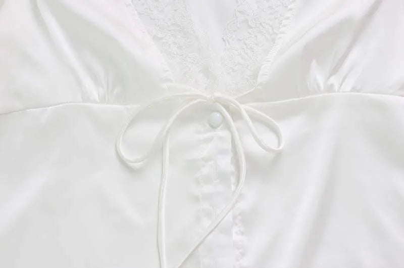 Cream Satin Lace Trim V-Neck Tie Front Blouse