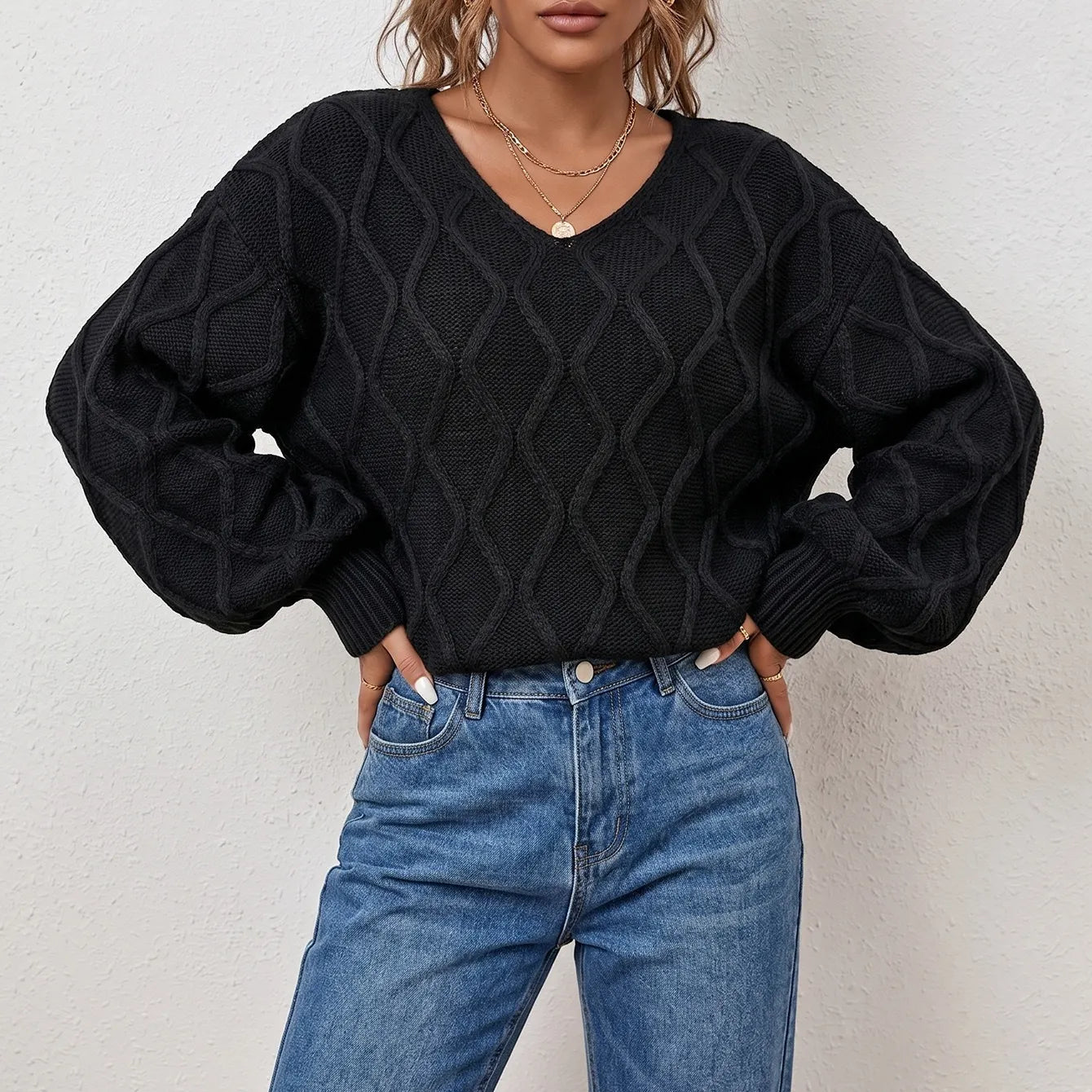 Terracotta V Neck Cable Knit Sweater Long Sleeve Loose Diamond Textured Pullover