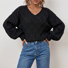 Terracotta V Neck Cable Knit Sweater Long Sleeve Loose Diamond Textured Pullover