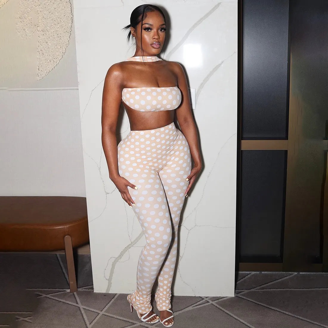 Polka Dot Halter Cutout Crop Top & Capri Pants Two Piece Set