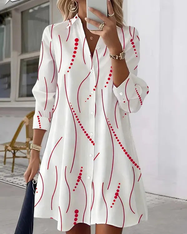 Strip Dot Line Print Lapel Long Sleeve Shirt Mini Dress