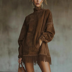 Retro Suede Fringe Hem Turtleneck Tunic Dress