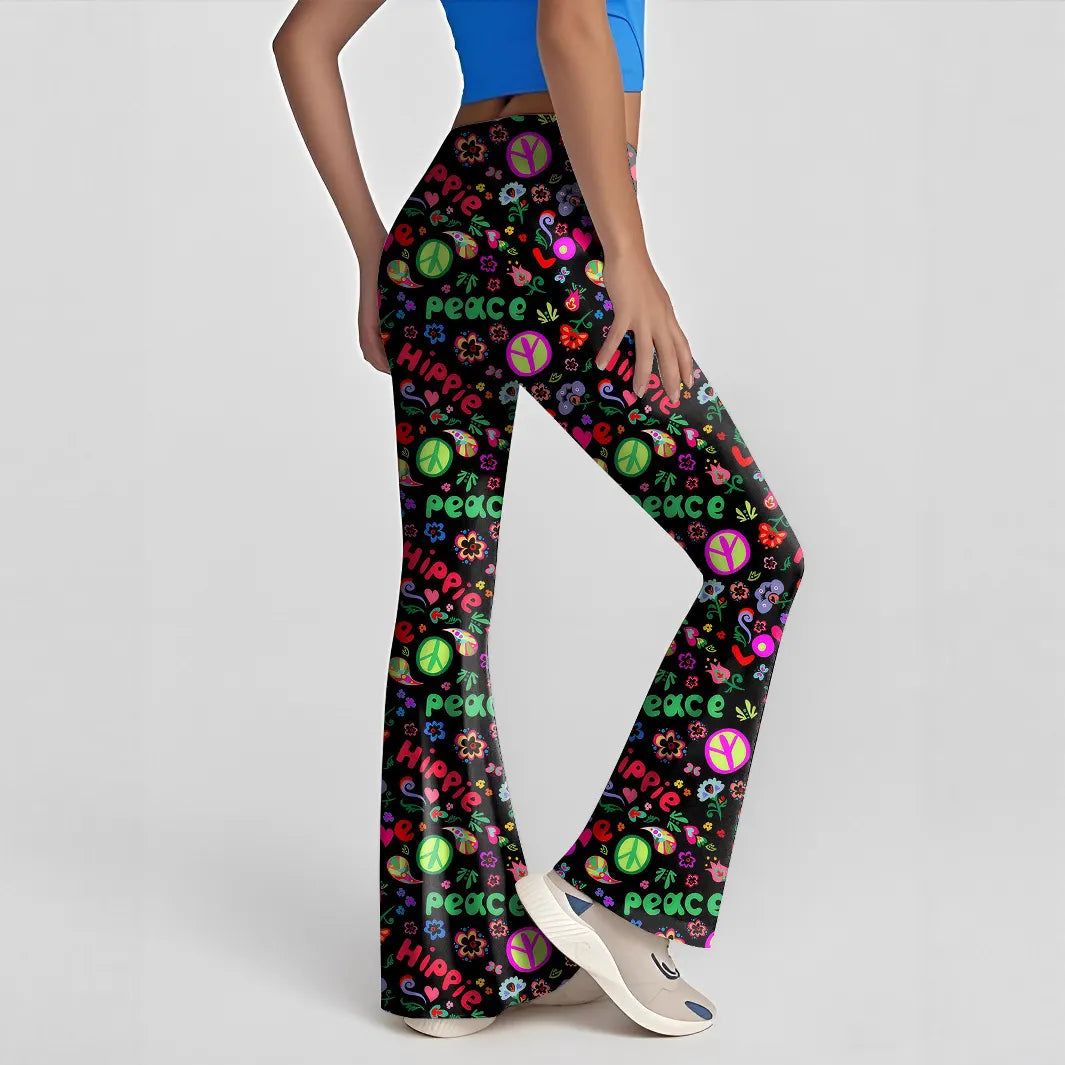 High Waist Hippie Peace Print Flared Casual Pants