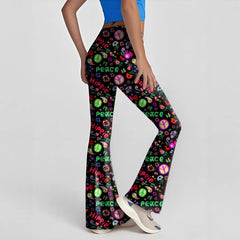 High Waist Hippie Peace Print Flared Casual Pants