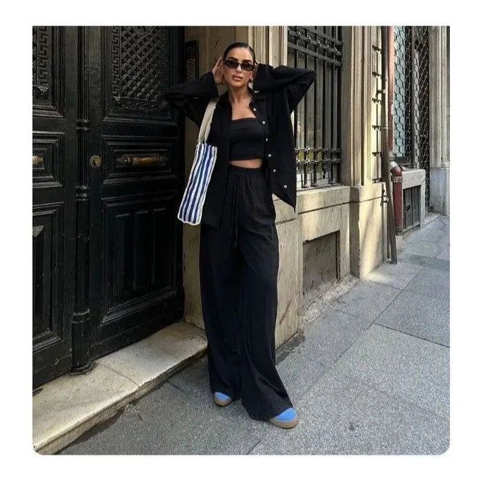 Green Linen-Blend Button-Down Shirt & Wide-Leg Pants Set