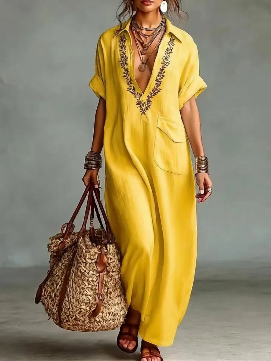 Bohemian Embroidered Linen Maxi Dress
