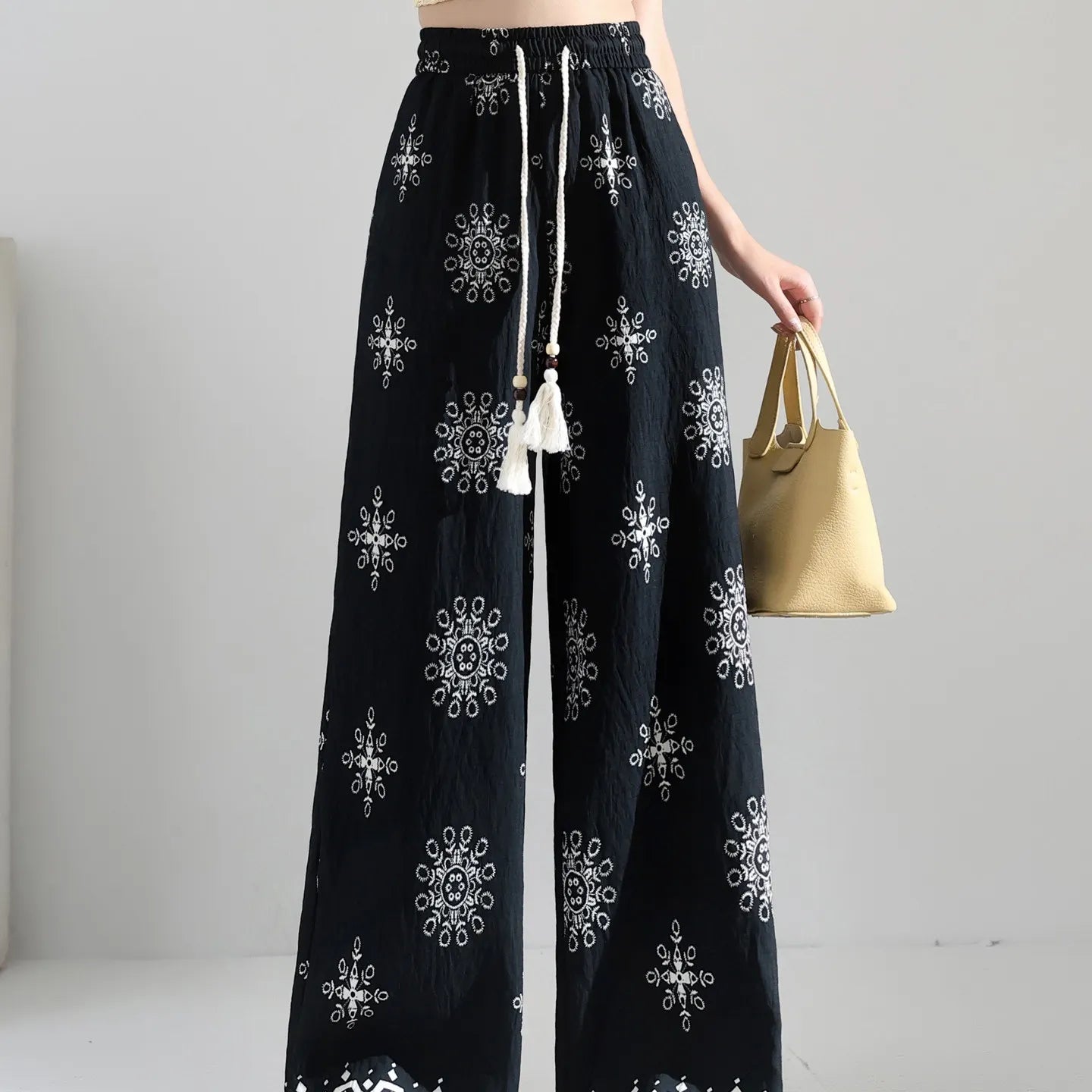 Ethnic Floral Print High Waist Micro Stretch Cotton Linen Straight Long Casual Pants