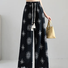 Ethnic Floral Print High Waist Micro Stretch Cotton Linen Straight Long Casual Pants