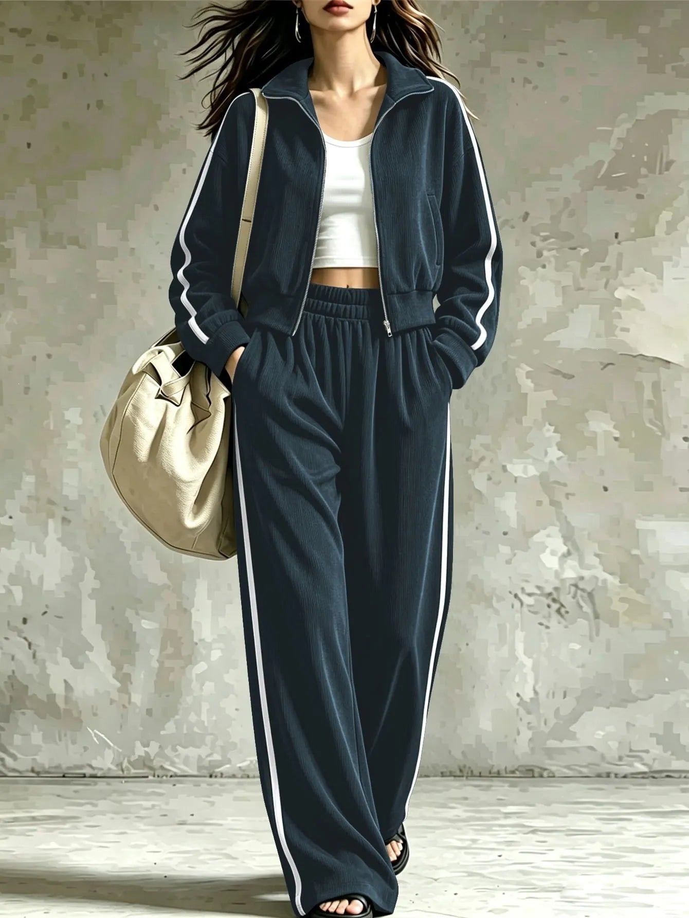 Side Stripe Athletic Sweatsuit, Stand Collar Zip Crop Jacket Elastic Waist Wide Leg Pants Set