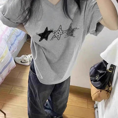 V Neck Pentagram Print Loose Pure Cotton Short Sleeve Casual T-shirt