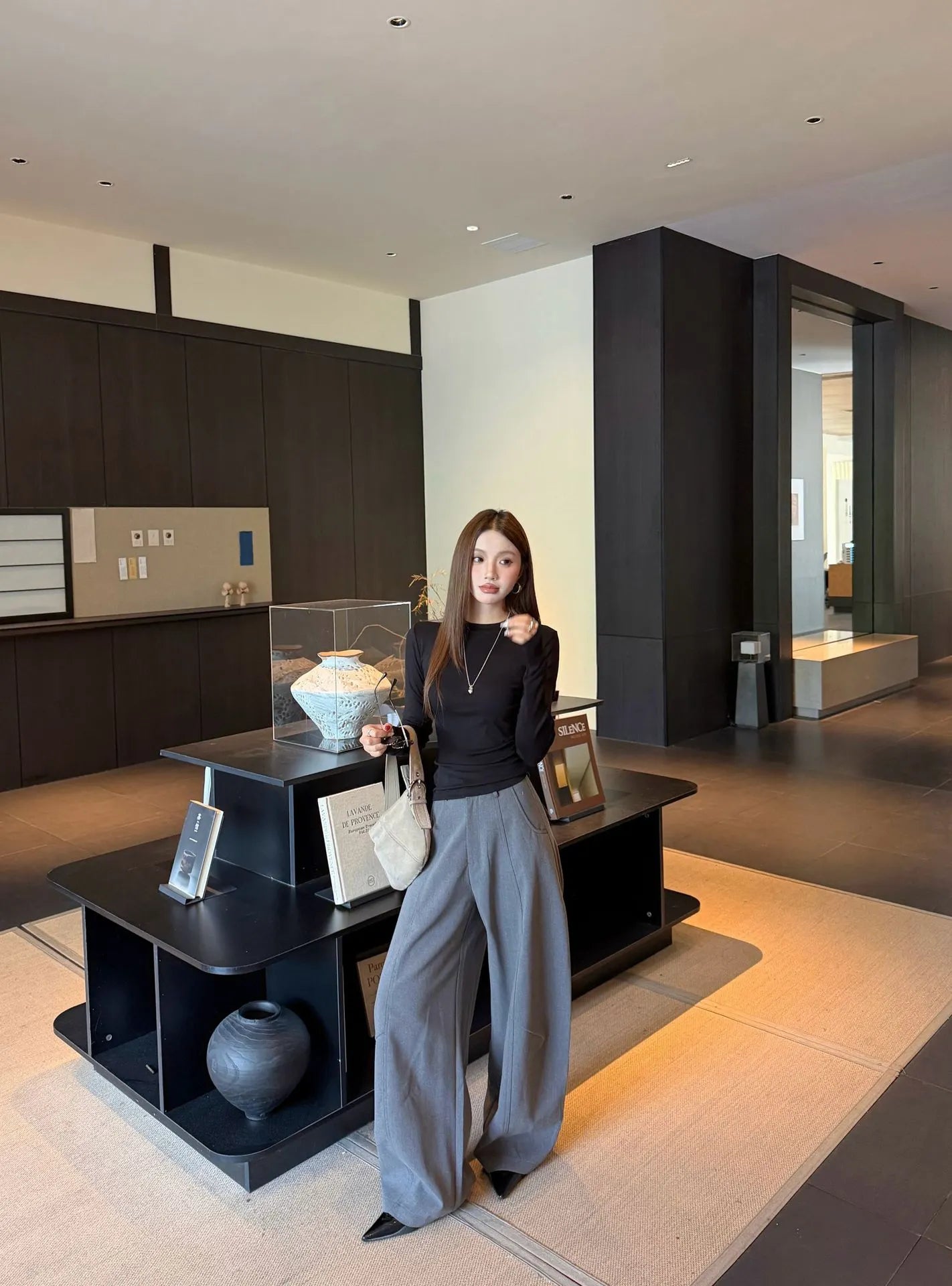 Mid-High Waist 3D Tailored Scimitar Wide Leg Suit Pants