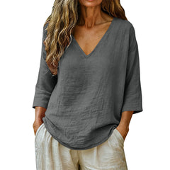 V-Neck Solid Color Loose Three-Quarter Sleeve Casual Polyester Tee