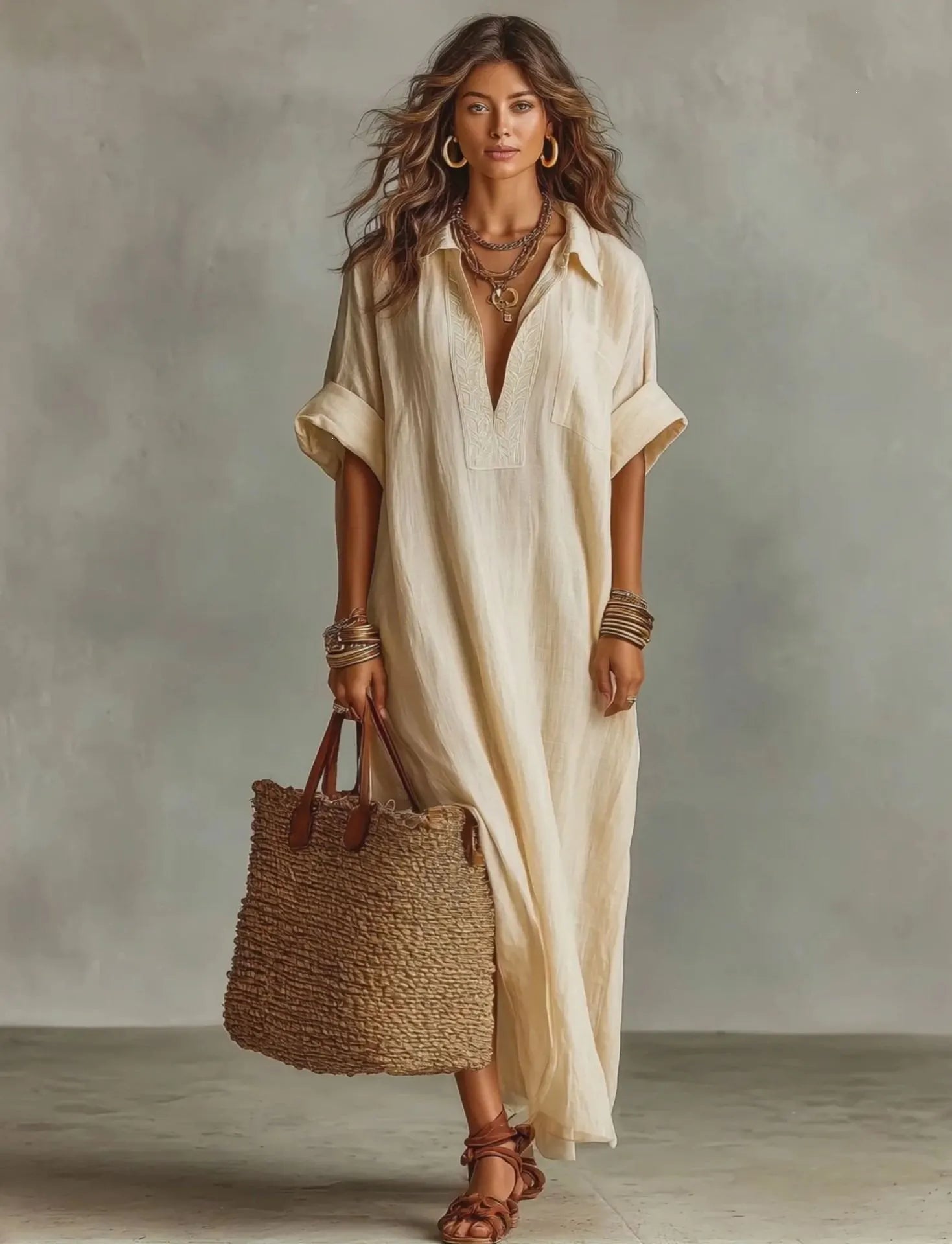Lapel Half Button Roll Up Sleeve Loose A-Line Maxi Shirt Dress