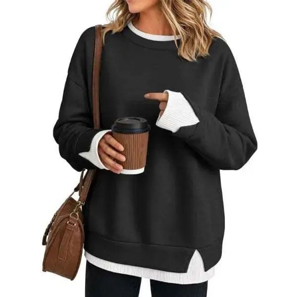 Fake Two Piece Sweatshirt, Black Base with Black White Stripe Cuff & Hem Detail