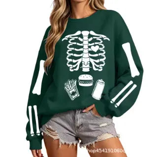 Halloween Skeleton Food Print Crew Neck Sweatshirt
