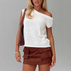 One Shoulder Short Sleeve Open Knit Sweater Top