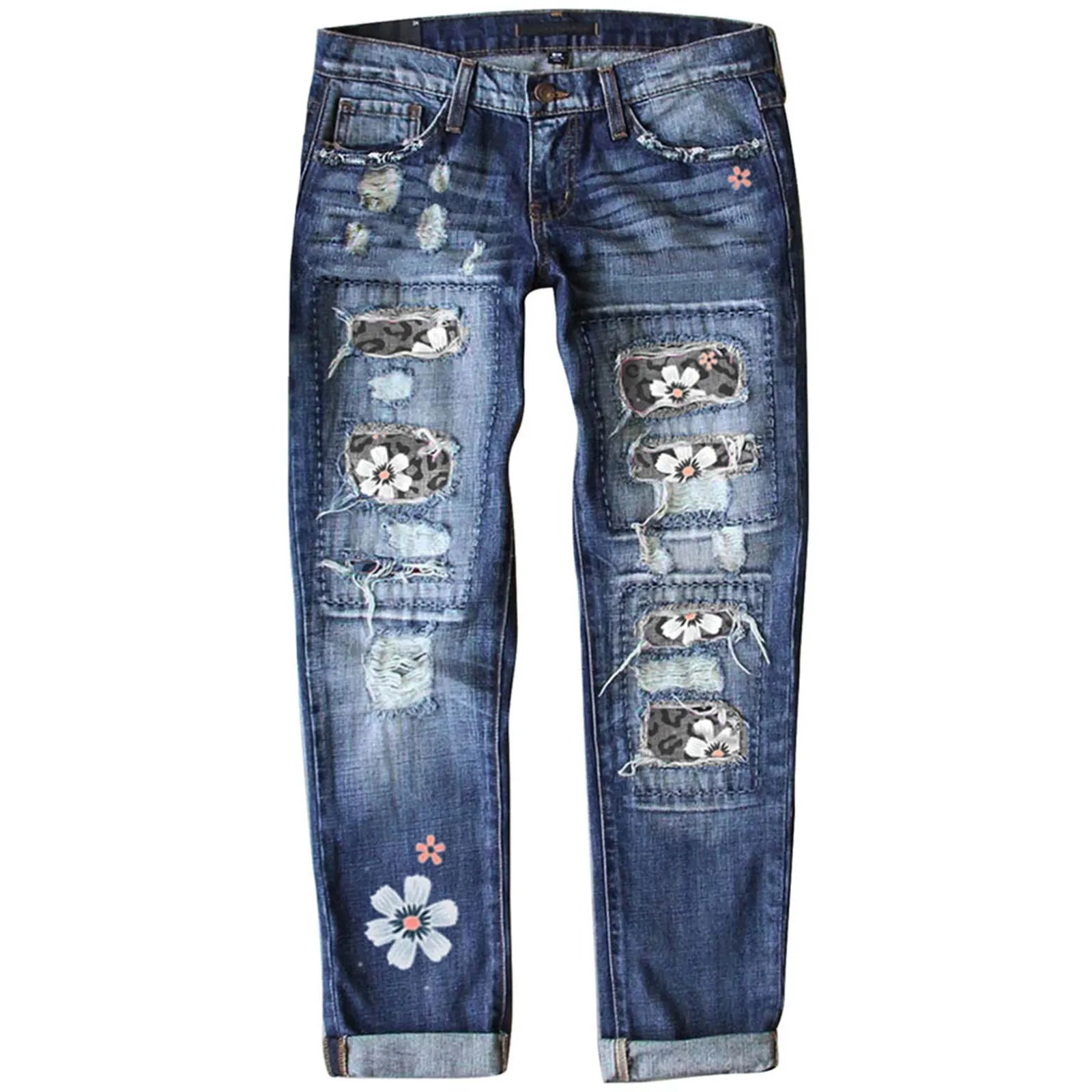 Womne's Sunflower Print Ripped Flare Jeans