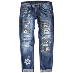 Womne's Sunflower Print Ripped Flare Jeans