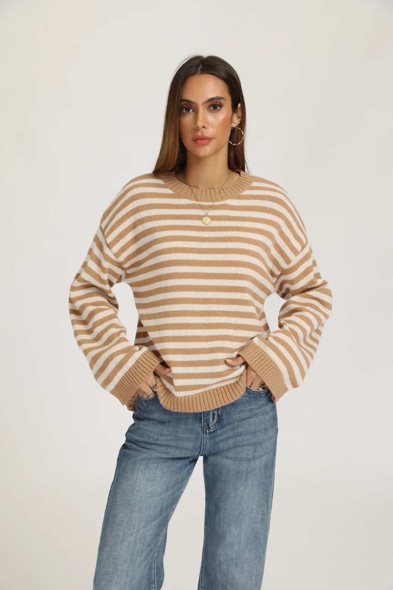 Bold Stripe Knit Pullover Crew Neck Drop Shoulder Loose Fit Fall Sweater