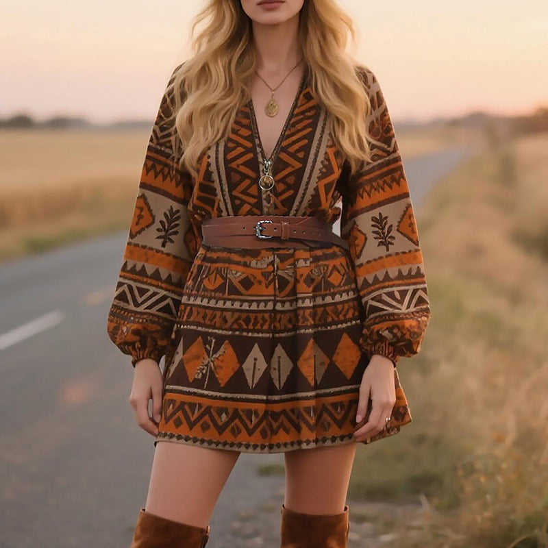 Bohemian Geometric Print Long Sleeve Mini Dress