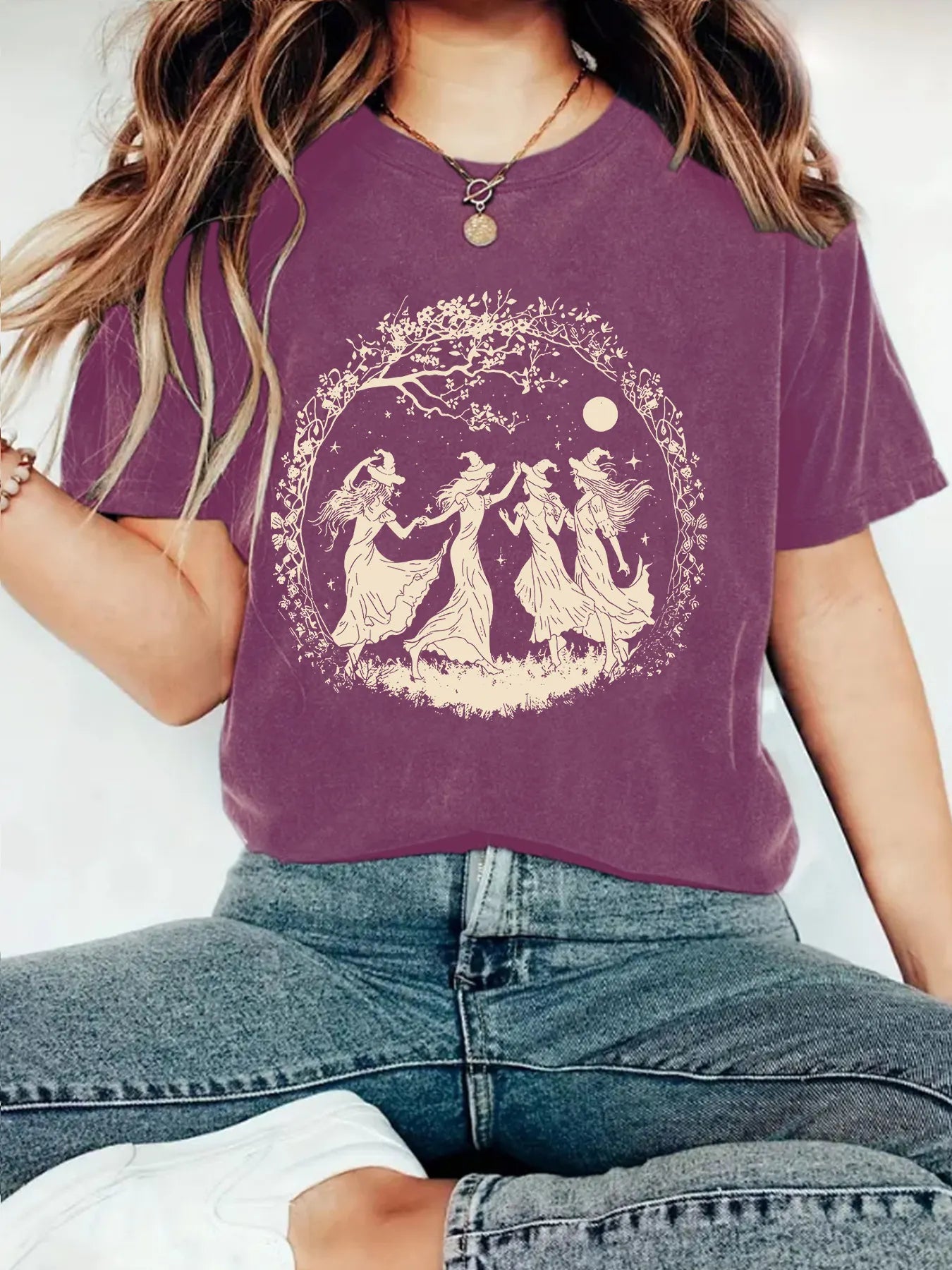 Halloween Witch Moon Floral Print Crew Neck Short Sleeve T‑Shirt