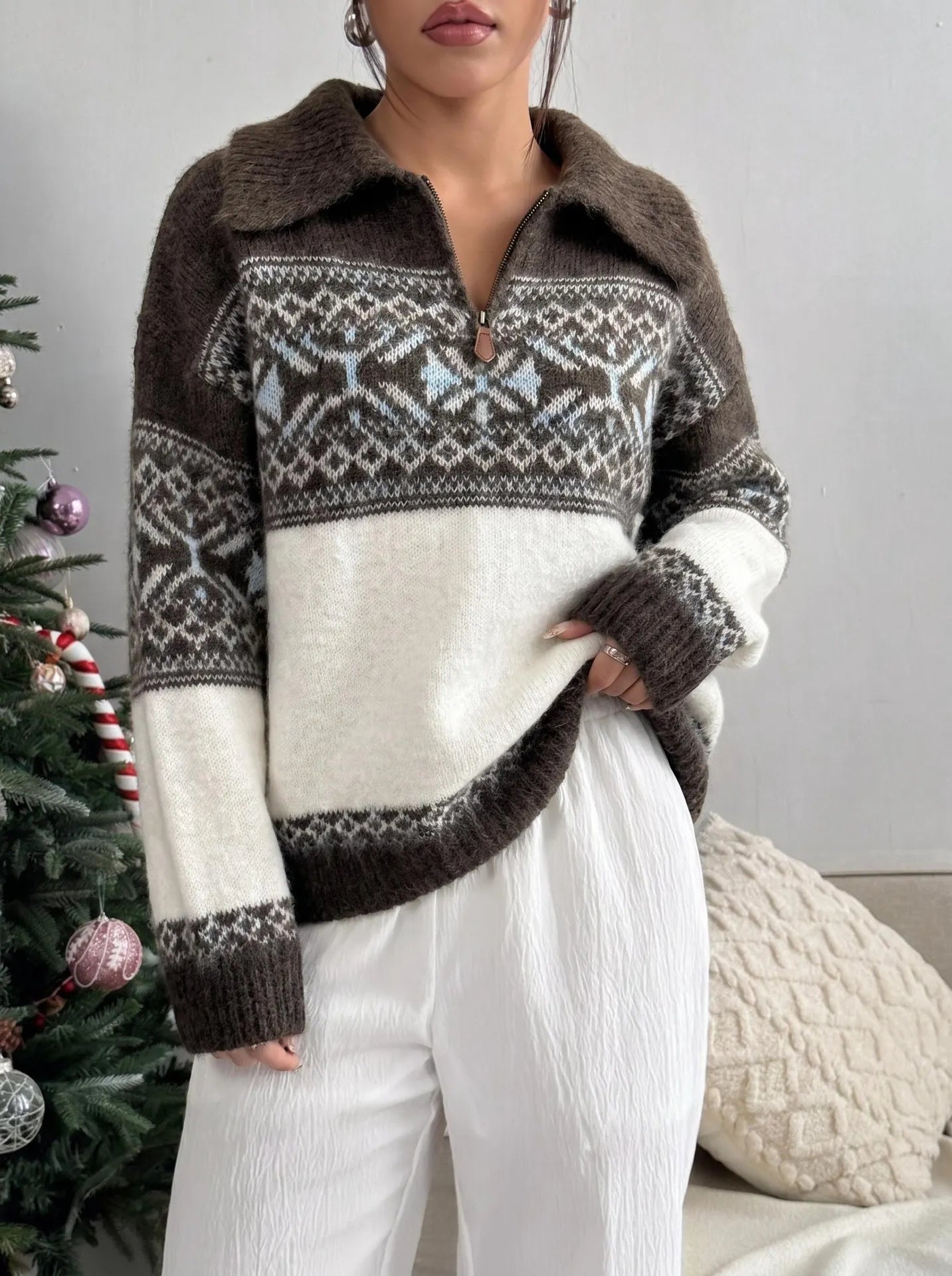 Retro Fair Isle Knit Sweater, Half Zip Lapel Collar Winter Pullover