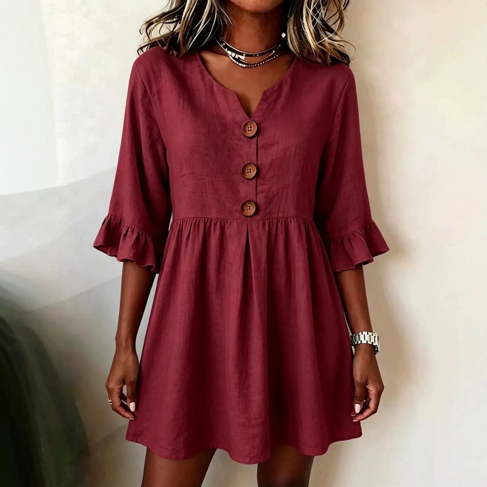 V-Neck Wooden Button Ruffle 3/4 Sleeve Loose Pleated Mini Dress