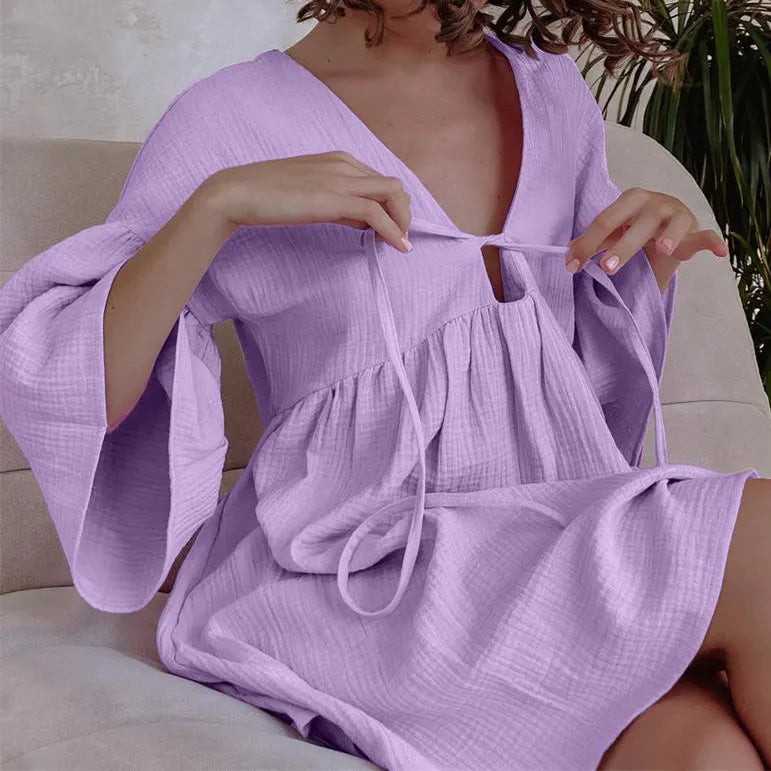 V-Neck Tie Front Flare Sleeve Crinkle Mini Dress