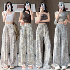 Vintage Floral Print Drawstring High Waist Micro Stretch Wide Leg Long Pants