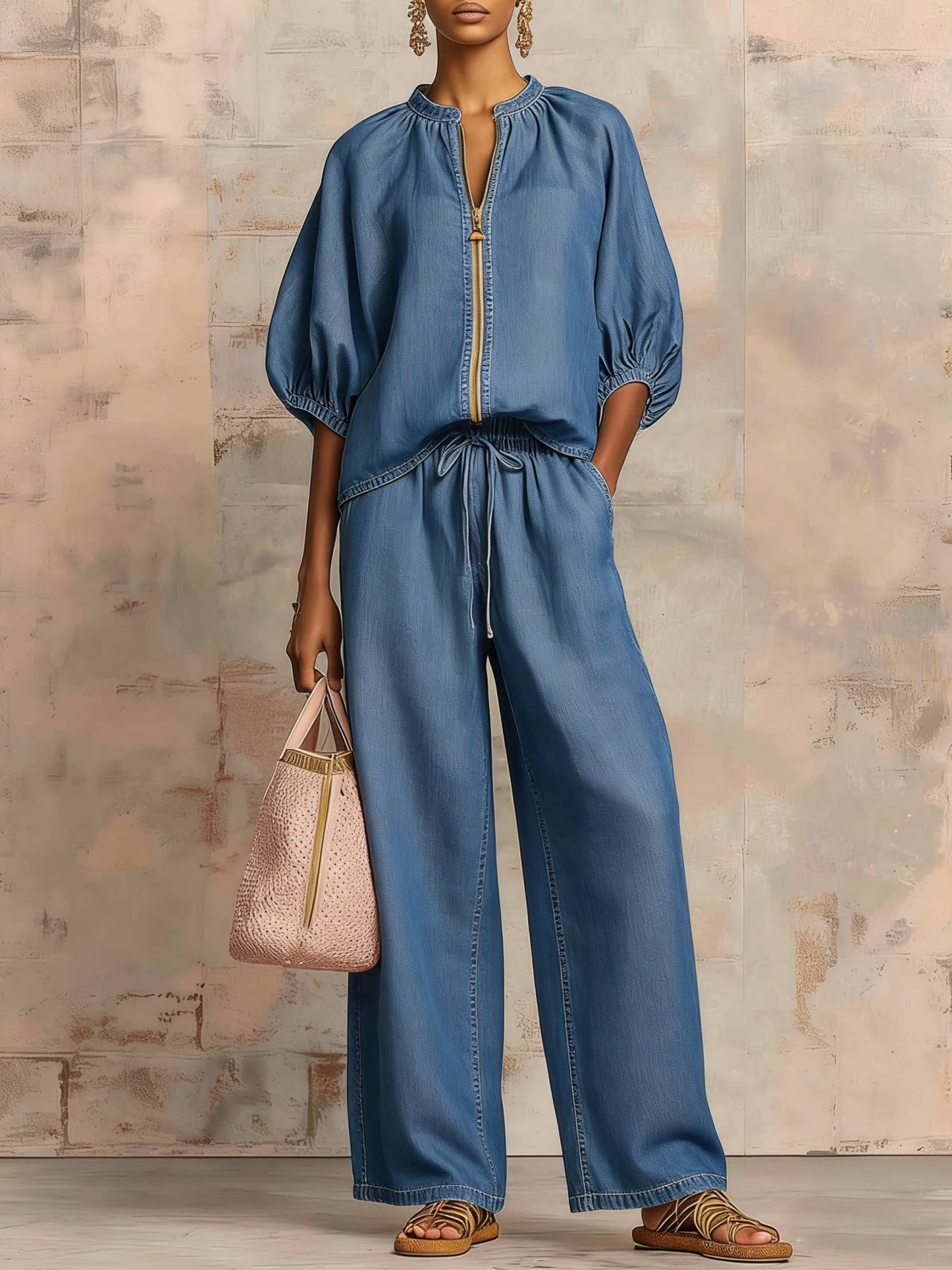 Stand Collar Gold Zip Linen 2 Piece Outfit, Puff Sleeve Drawstring High Waist Wide Leg Pocket Pants
