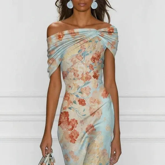 Floral Print Off Shoulder Short Sleeve Mid Waist Slim Mermaid Midi Dress