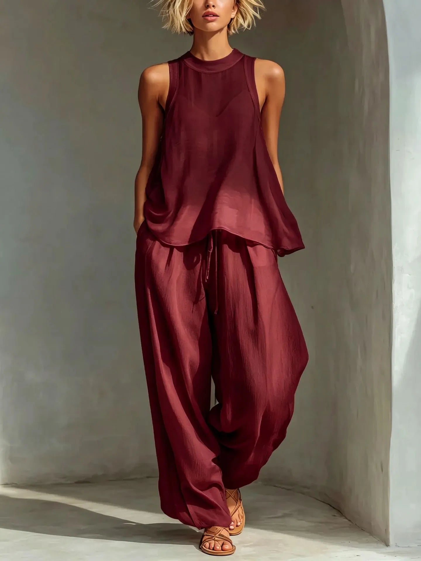 Sleeveless High Neck Flowy Top & Wide Leg Linen-Blend Pants Set