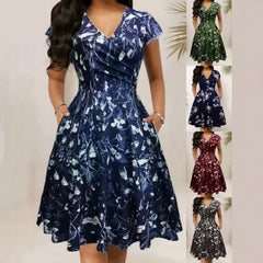 Round Neck Floral Print High Waist Flare Midi Dress