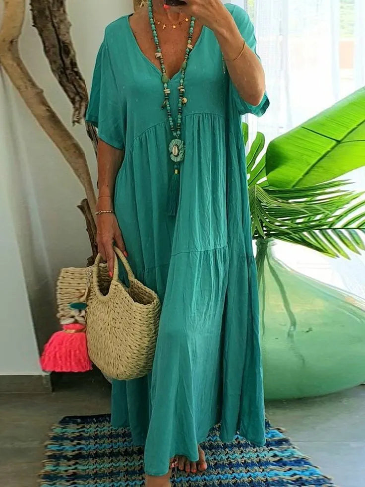 Solid Color V-Neck Short Sleeve Loose Tiered Maxi Dress