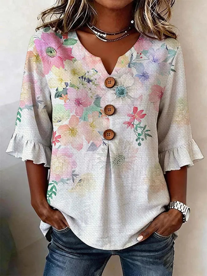 Round Neck Floral Printed Single Breasted 3/4 Ruffle Sleeve Loose Blouse