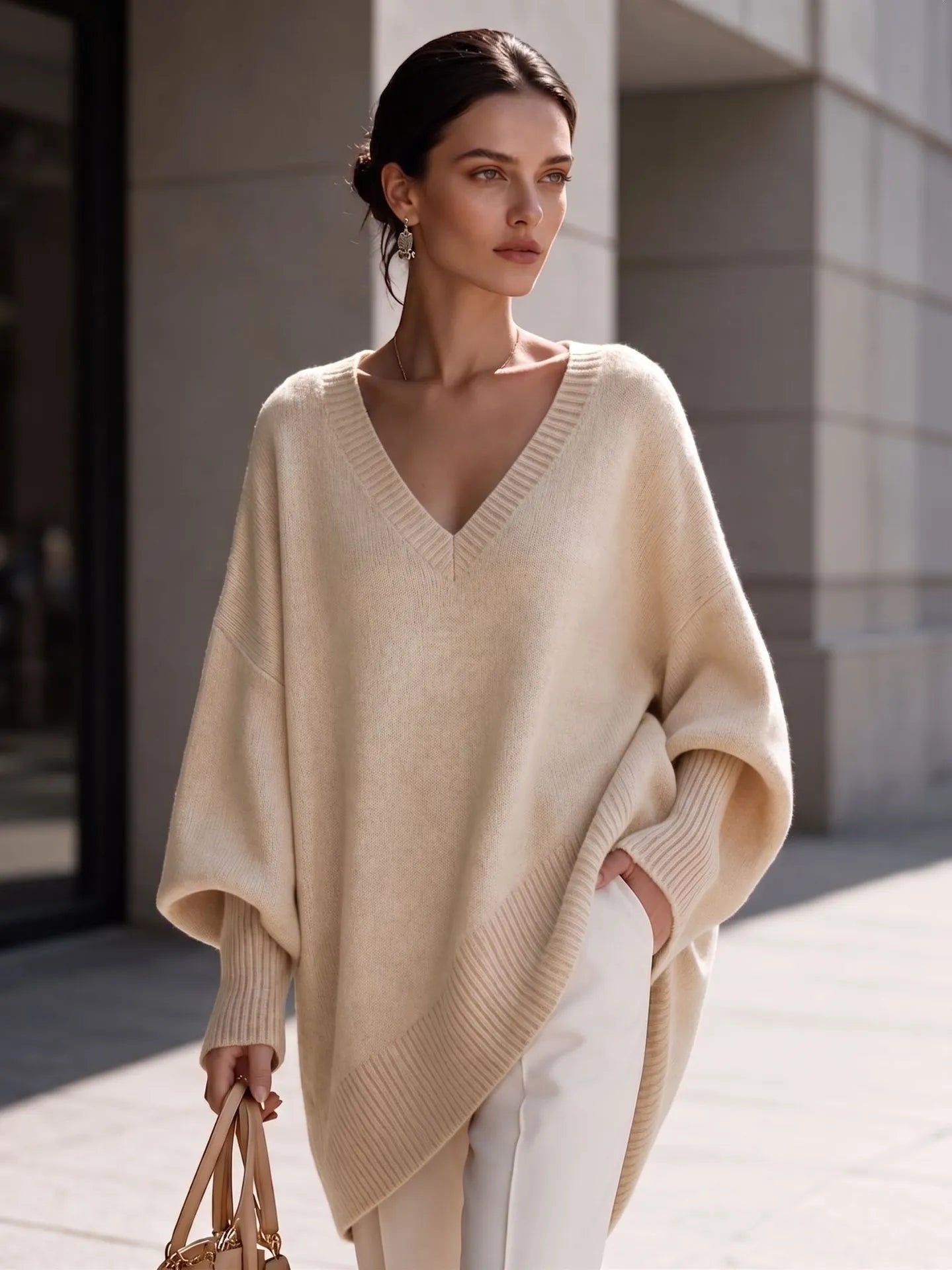 Dusty Pink Oversized V Neck Tunic Sweater, Batwing Long Sleeve Soft Knit Top