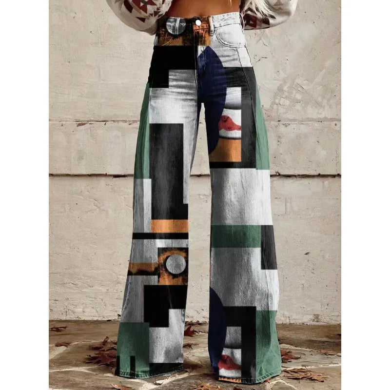 High Waist Western Cowboy Horse Print Wide Leg Pants