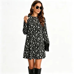 Round Neck Ditsy Floral Long Sleeve A-Line Mini Dress Slim Mid Waist Casual Campus Daily Dress