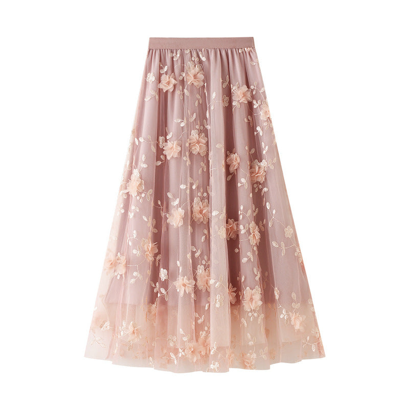 3D Floral Embroidered Tulle Maxi Skirt