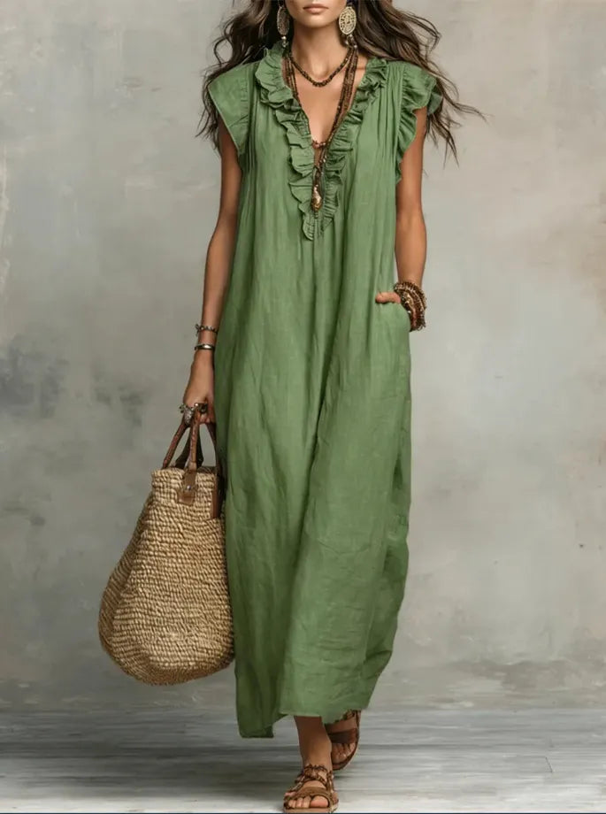 Deep V-Neck Ruffle Cap Sleeve Loose A-Line Maxi Dress