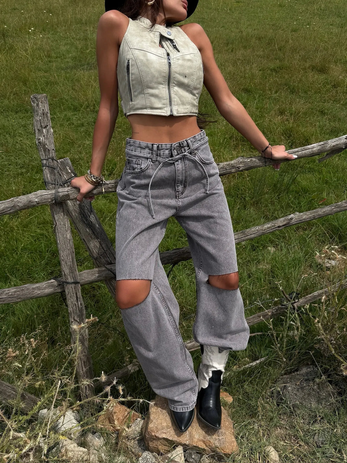 High Waist Ripped Straight‑leg Jeans