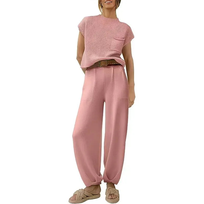 White Knit Short-Sleeve Top & Khaki High-Waisted Pants Two-Piece Set