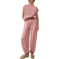 White Knit Short-Sleeve Top & Khaki High-Waisted Pants Two-Piece Set