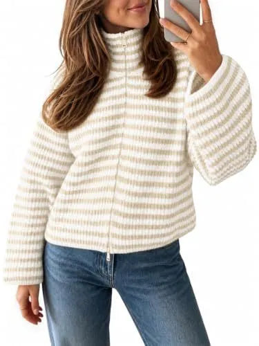 Striped Half Zip Turtleneck Knit Sweater Long Sleeve Cropped Ribbed Pullover