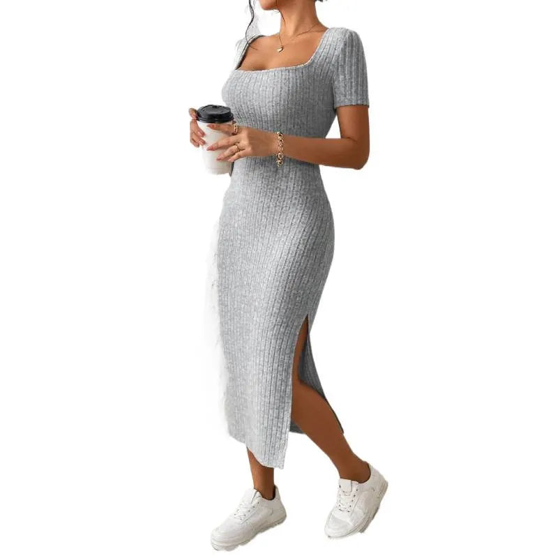 Square Neck Short Sleeve Ribbed Knit Bodycon Midi Dress with Side Slit