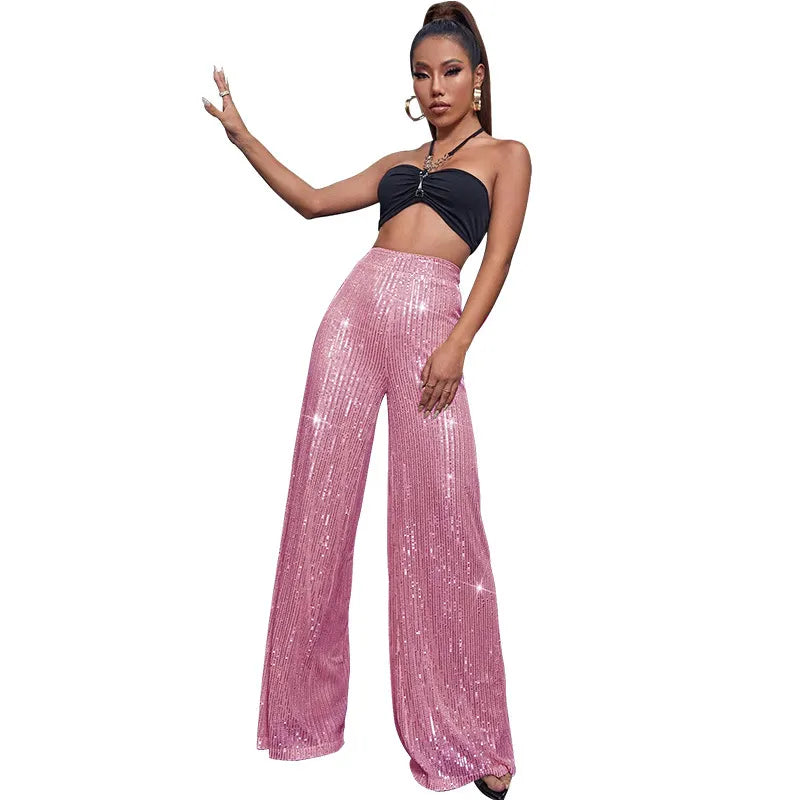 Sequin Stripe High Waist Wide Leg Pants