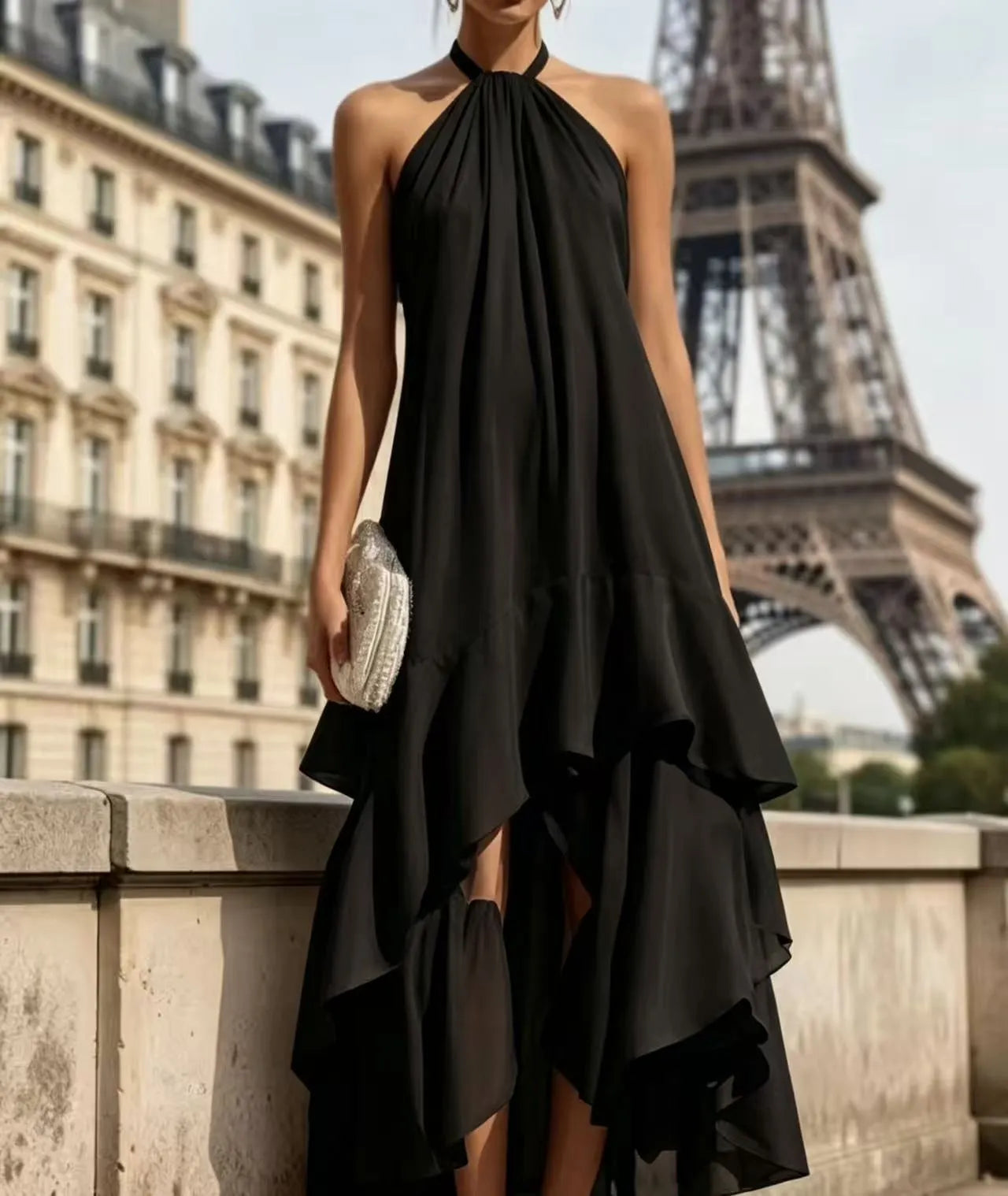 Halter Neck Sleeveless Solid Color Ruffle Asymmetrical Maxi Dress