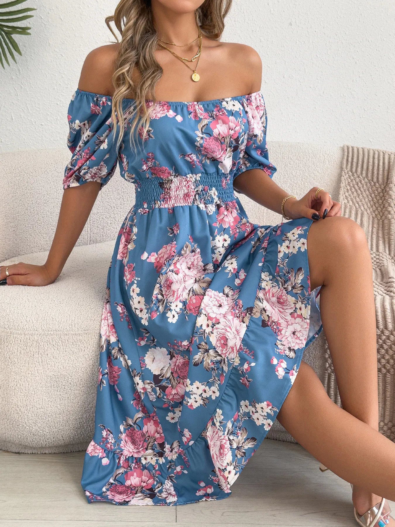 Square Neck Puff Sleeve Floral Print Smocked Waist A-Line Midi Dress