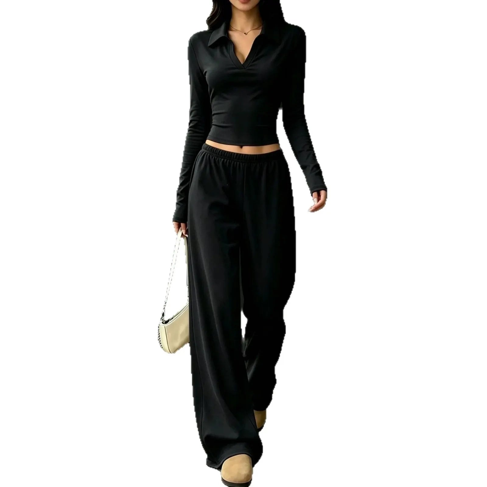 Black Polo V-neck Long Sleeve Crop Top & Elastic Waist Wide Leg Pants Two Piece Set